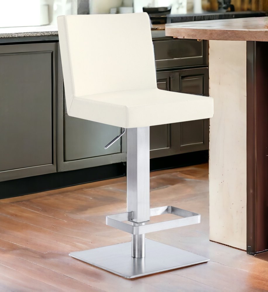White and Silver Faux Leather and Iron Adjustable Height Swivel Bar Chair