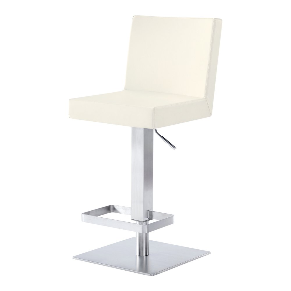 White and Silver Faux Leather and Iron Adjustable Height Swivel Bar Chair