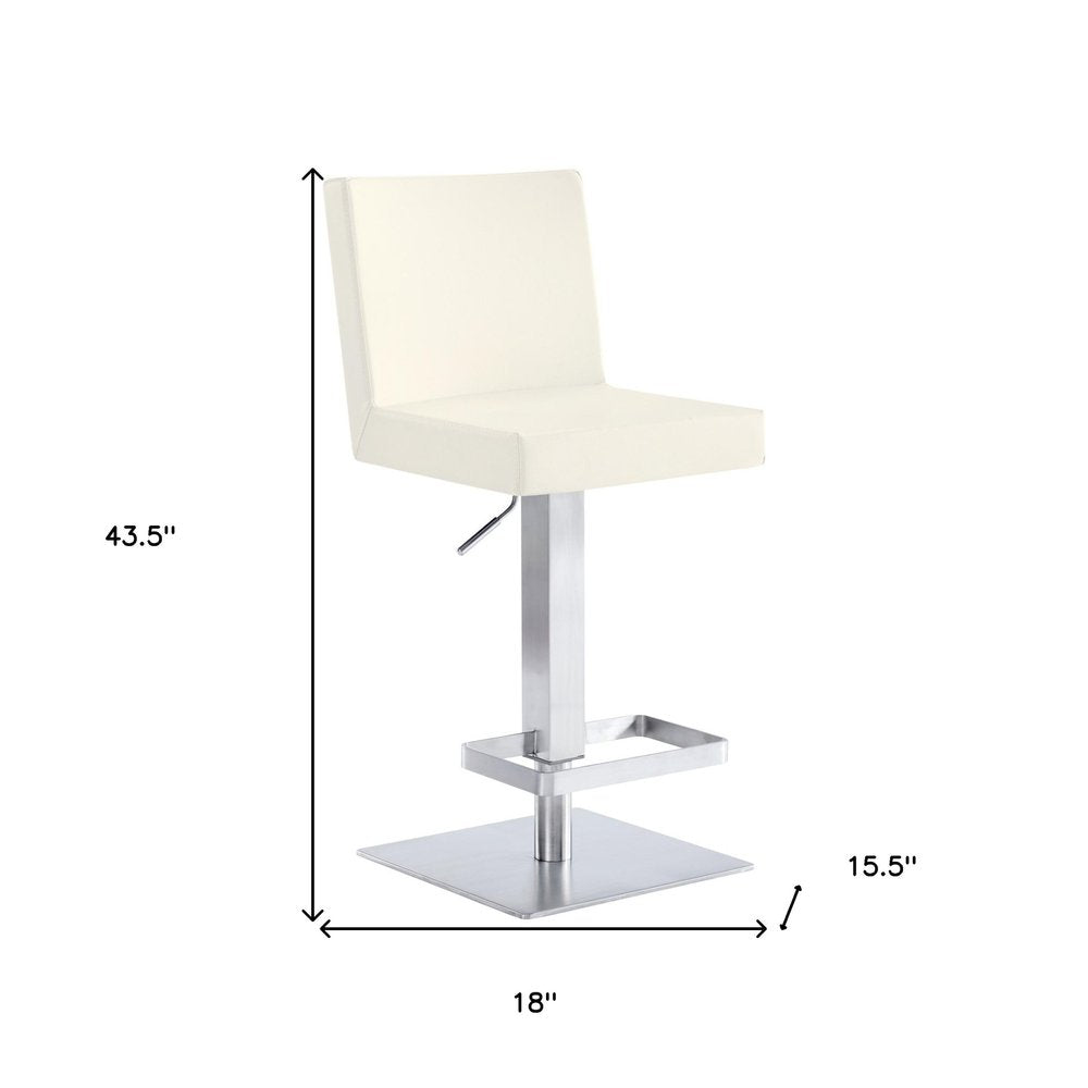 White and Silver Faux Leather and Iron Adjustable Height Swivel Bar Chair
