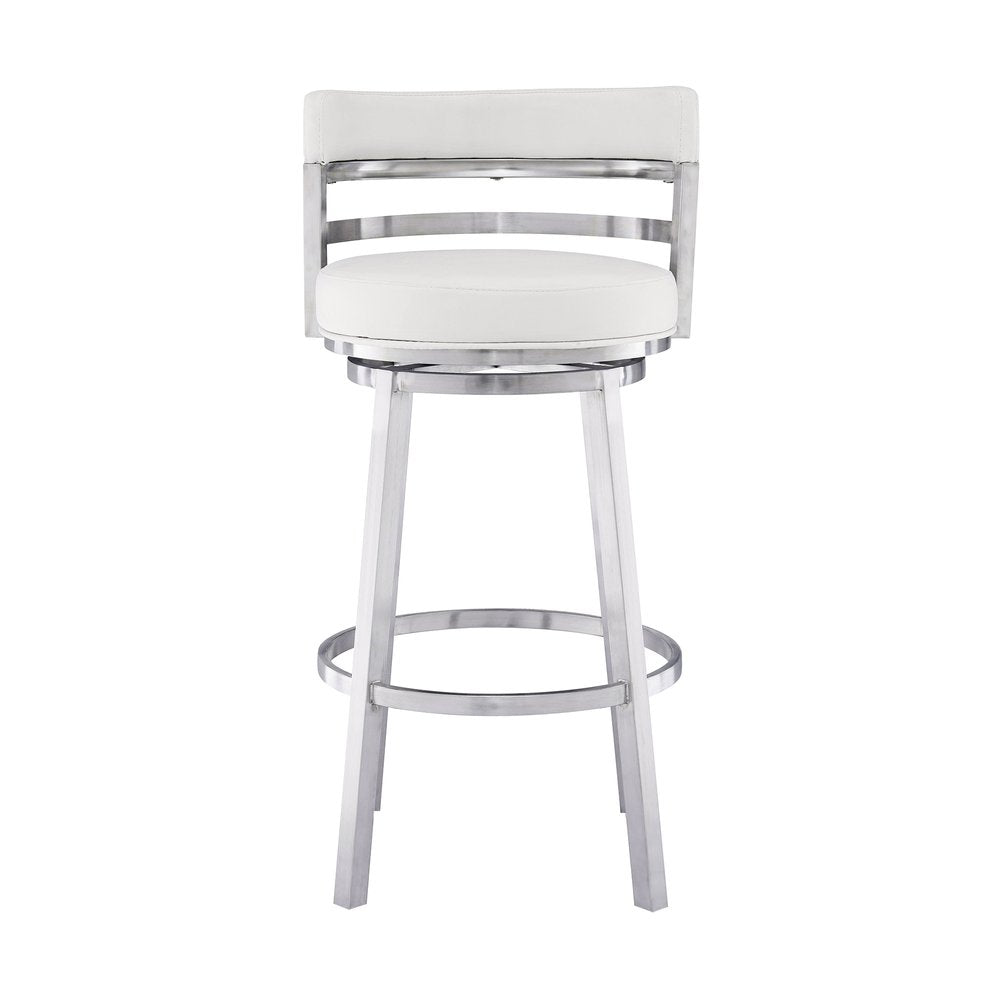 30" White And Silver Faux Leather And Faux Leather And Iron Low Back Bar Height Swivel Bar Chair