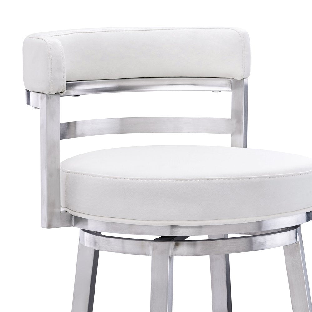 30" White And Silver Faux Leather And Faux Leather And Iron Low Back Bar Height Swivel Bar Chair