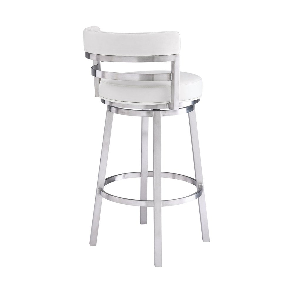 30" White and Silver Faux Leather and Iron Low Back Bar Height Swivel Bar Chair