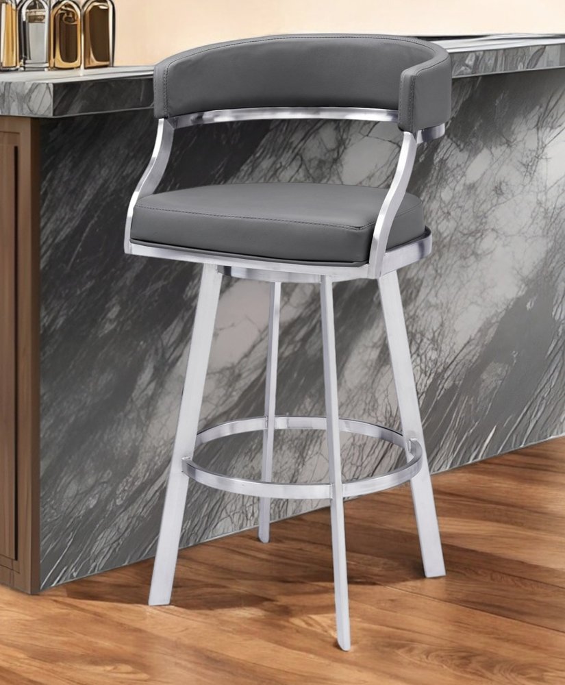 30" Gray and Silver Faux Leather and Iron Low Back Bar Height Swivel Bar Chair