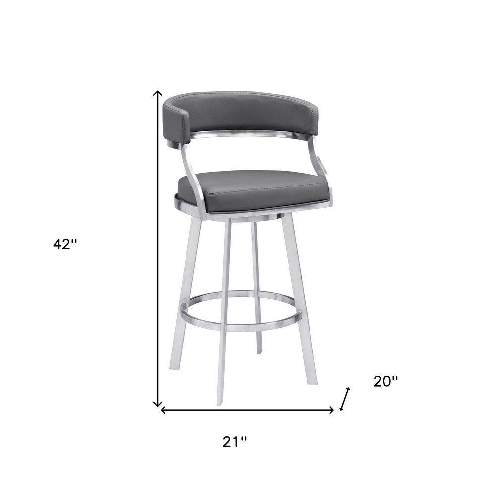 30" Gray and Silver Faux Leather and Iron Low Back Bar Height Swivel Bar Chair