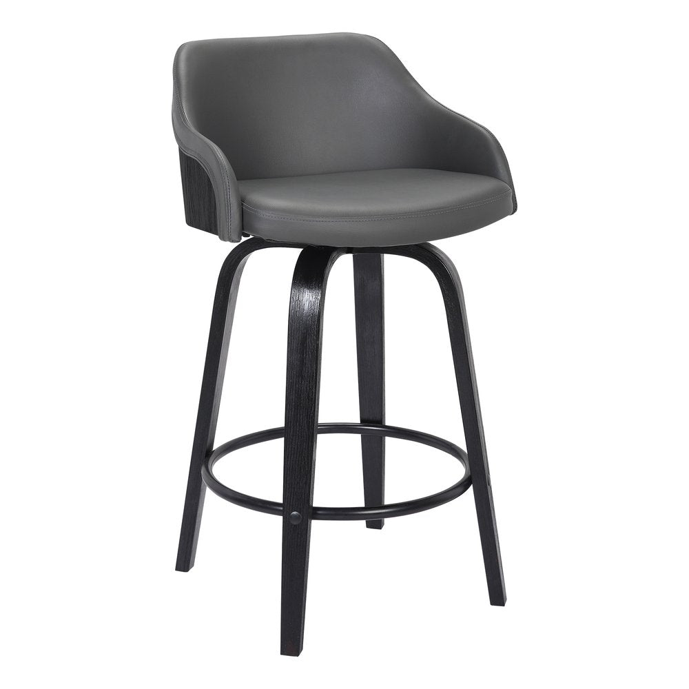 30" Gray And Black Fabric And Iron Low Back Bar Height Swivel Bar Chair