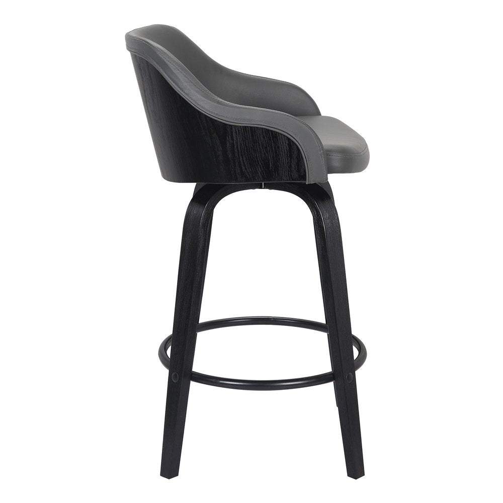 30" Gray And Black Fabric And Iron Low Back Bar Height Swivel Bar Chair