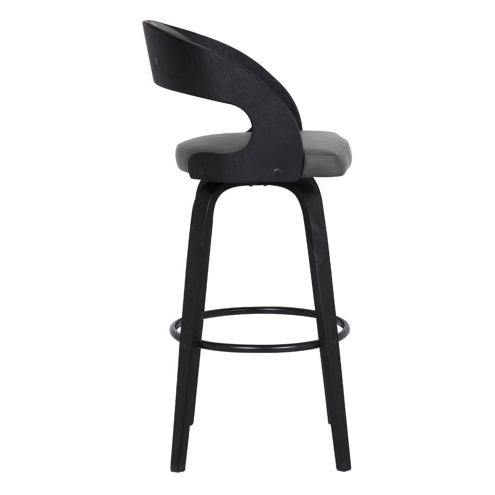 26" Gray And Black Faux Leather And Fabric And Iron Low Back Counter Height Swivel Bar Chair