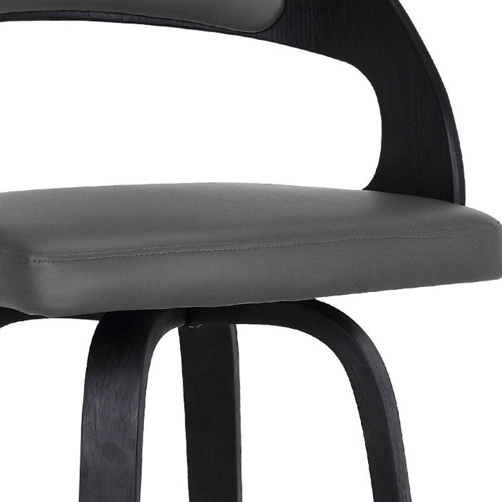 26" Gray And Black Faux Leather And Fabric And Iron Low Back Counter Height Swivel Bar Chair