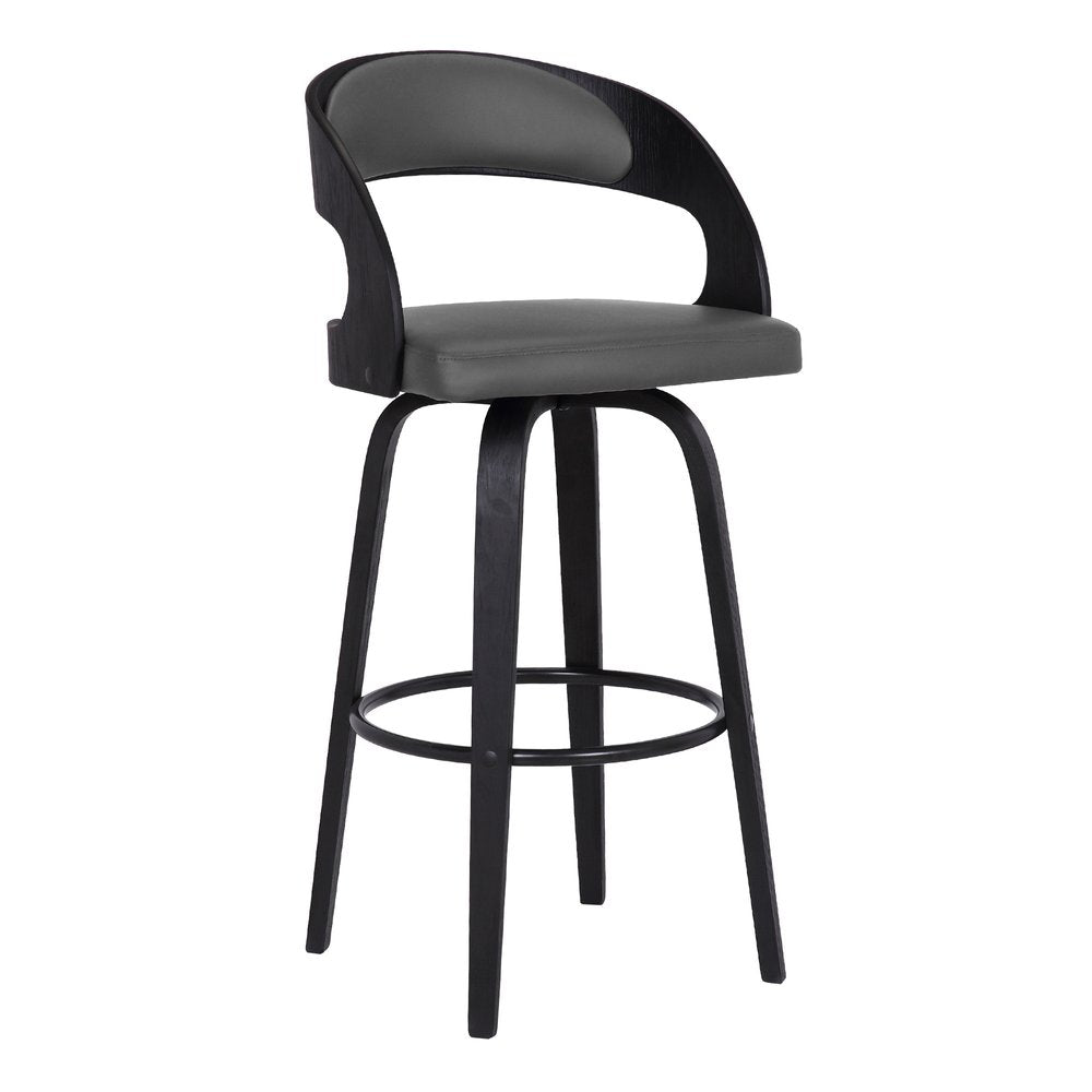 26" Gray And Black Faux Leather And Fabric And Iron Low Back Counter Height Swivel Bar Chair