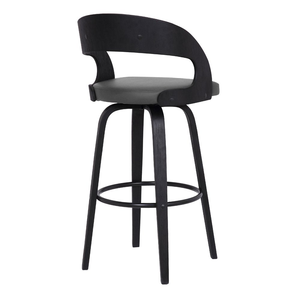 30" Gray And Black Fabric And Iron Low Back Bar Height Swivel Bar Chair