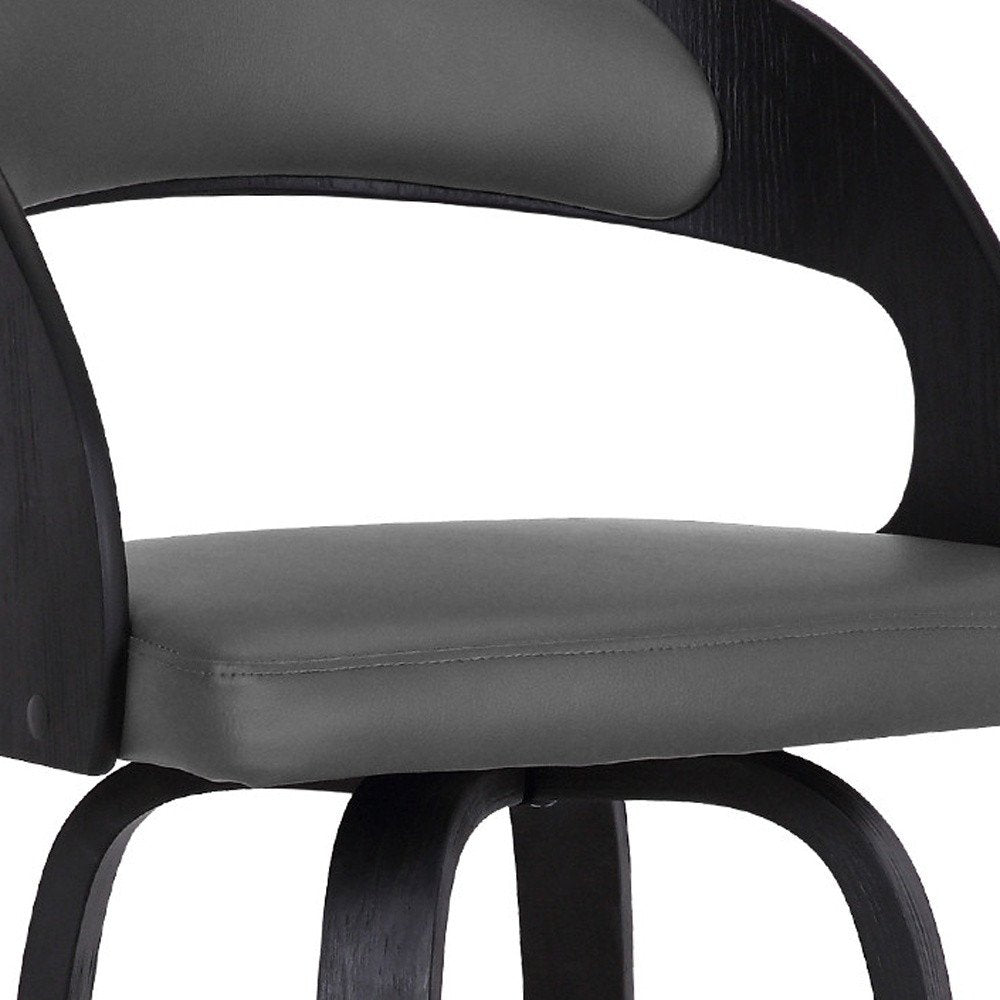 30" Gray And Black Fabric And Iron Low Back Bar Height Swivel Bar Chair