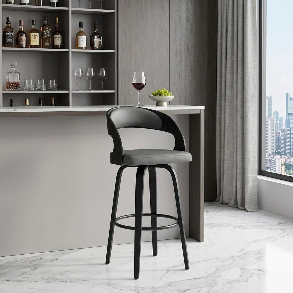 30" Gray And Black Fabric And Iron Low Back Bar Height Swivel Bar Chair
