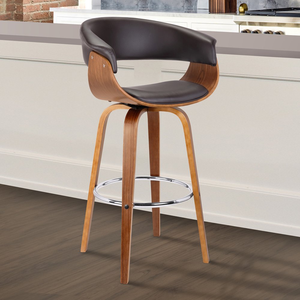 27" Brown Faux Leather And Fabric And Iron Low Back Counter Height Swivel Bar Chair