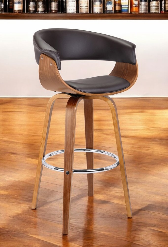 31" Brown Faux Leather And Solid Wood Swivel Low Back Bar Height Bar Chair