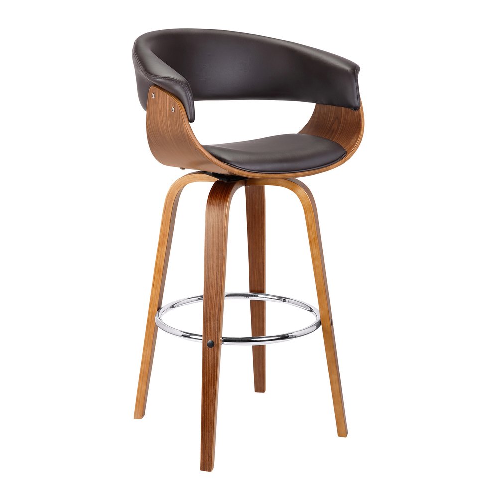 31" Brown Faux Leather And Fabric And Solid Wood Low Back Bar Height Swivel Bar Chair