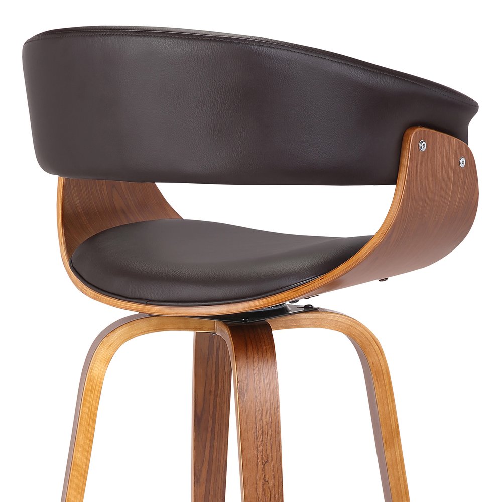 31" Brown Faux Leather And Fabric And Solid Wood Low Back Bar Height Swivel Bar Chair