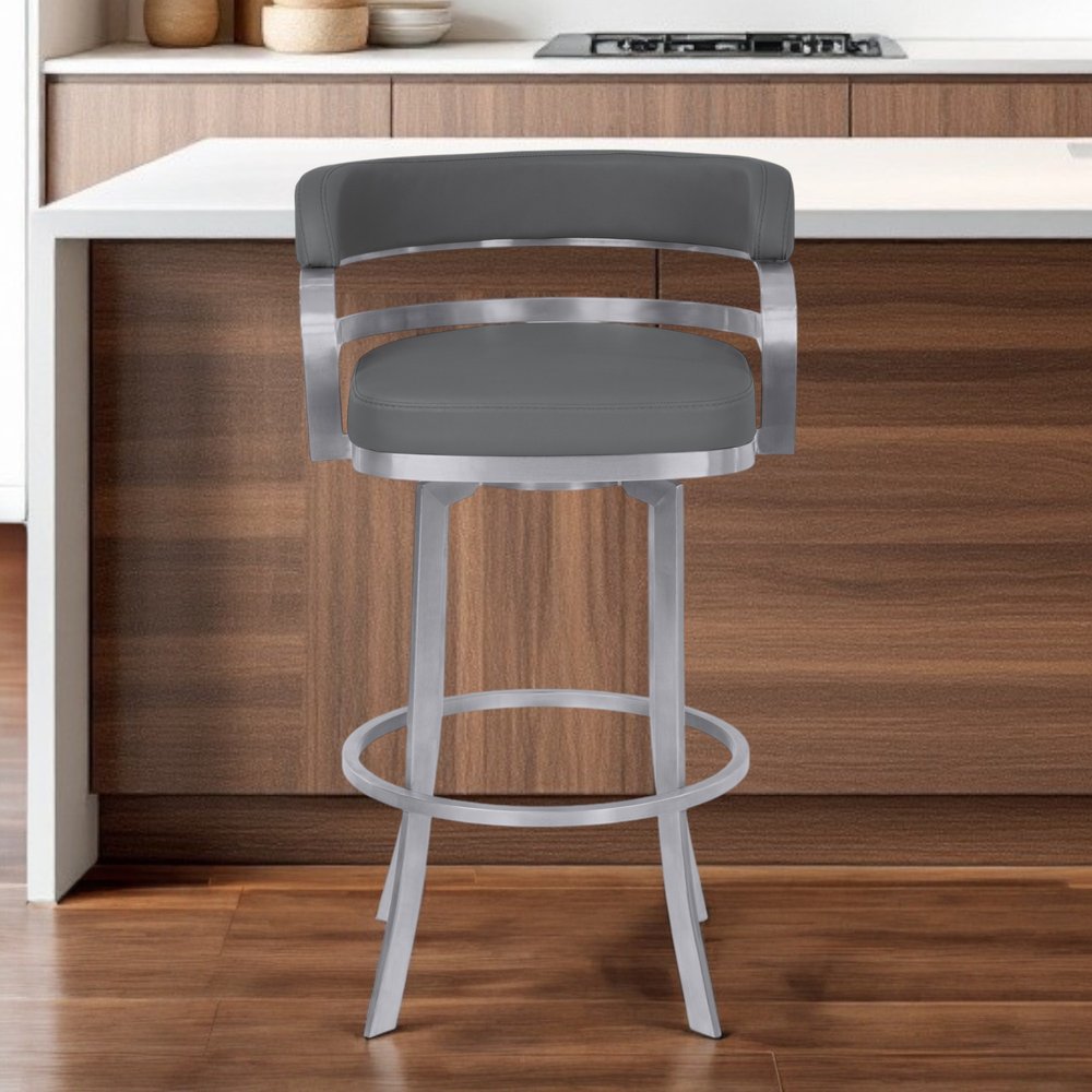 26" Gray And Silver Faux Leather And Iron Swivel Low Back Counter Height Bar Chair