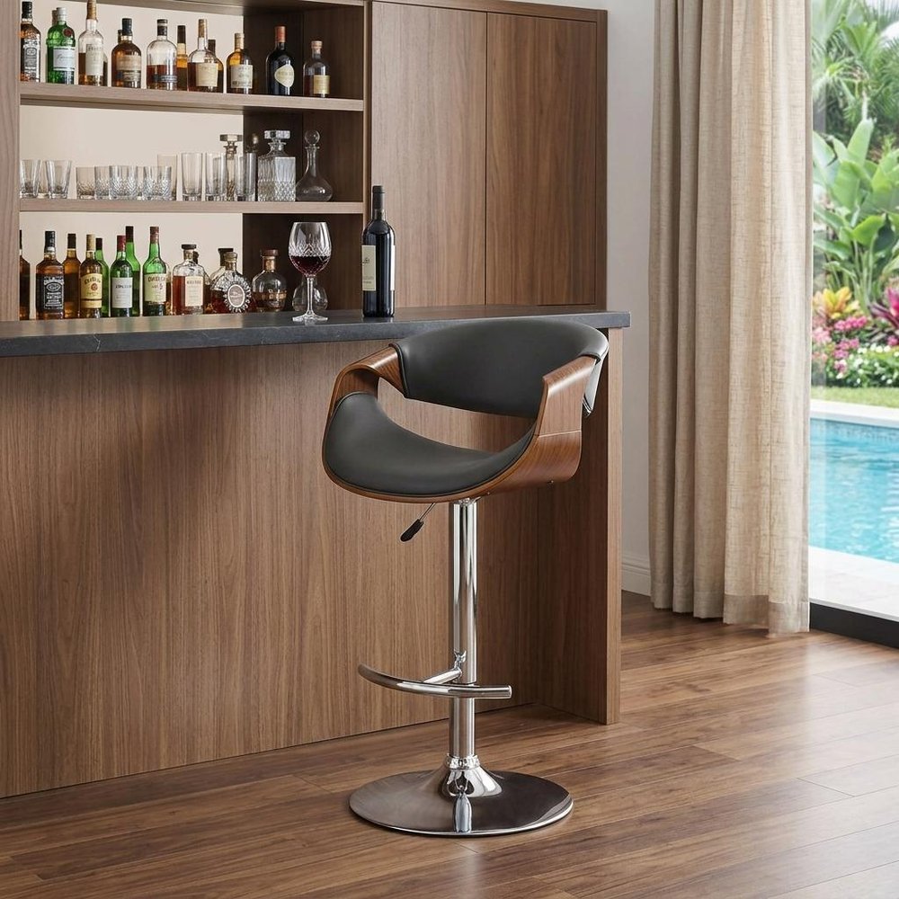 24" Gray And Silver Solid Wood Swivel Low Back Adjustable Height Bar Chair