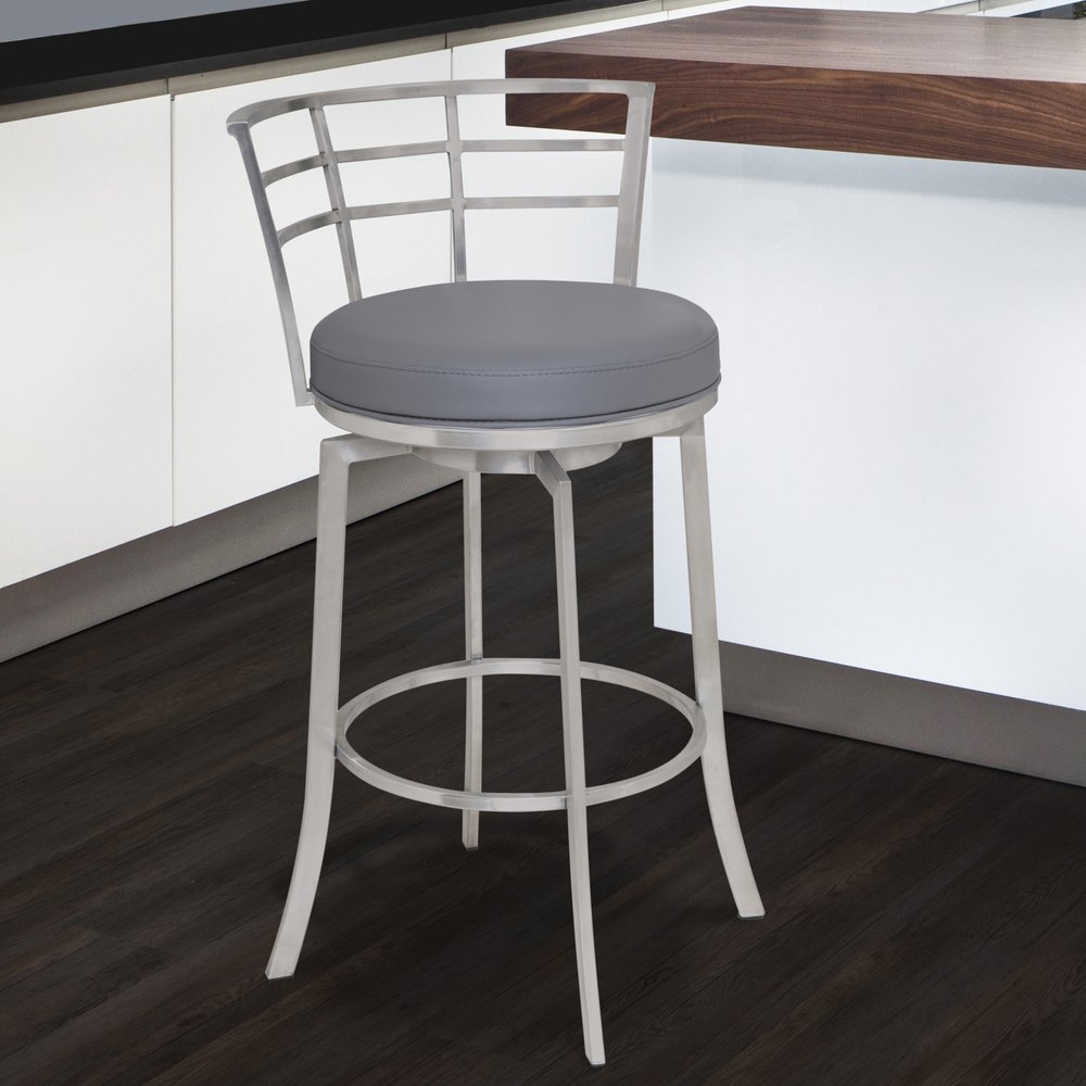 26" Gray And Silver Faux Leather And Fabric And Iron Low Back Counter Height Swivel Bar Chair
