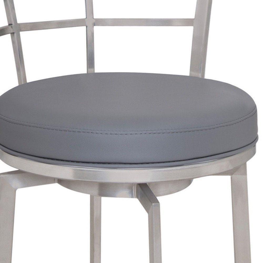 26" Gray And Silver Faux Leather And Fabric And Iron Low Back Counter Height Swivel Bar Chair