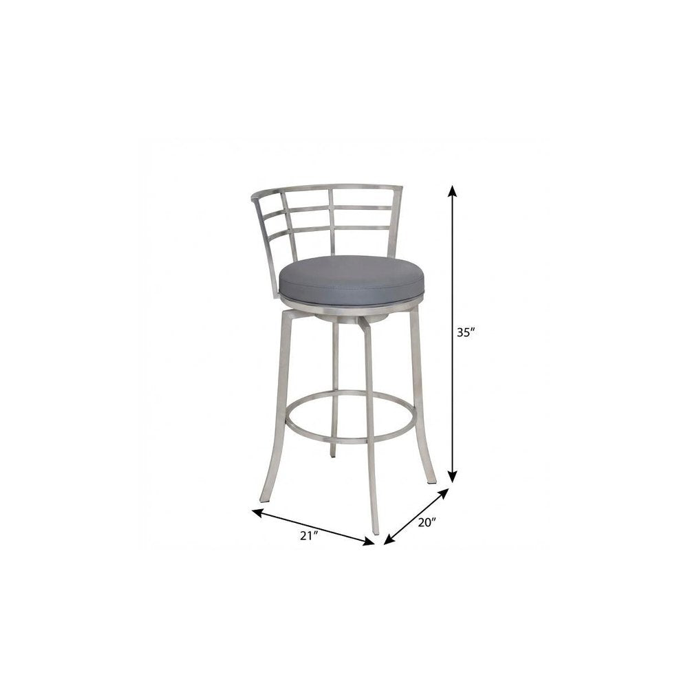 26" Gray And Silver Faux Leather And Fabric And Iron Low Back Counter Height Swivel Bar Chair