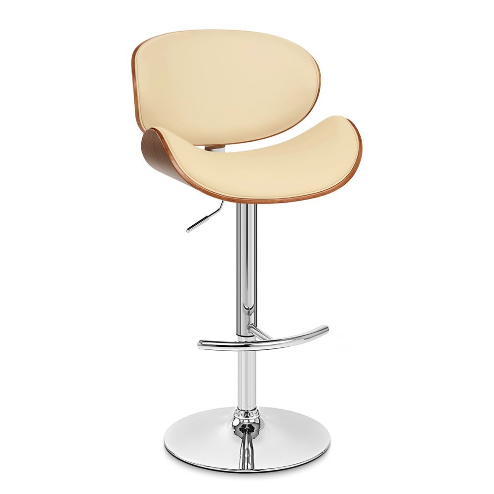 Cream and Silver Faux Leather and Solid Wood Low Back Adjustable Height Swivel Bar Chair