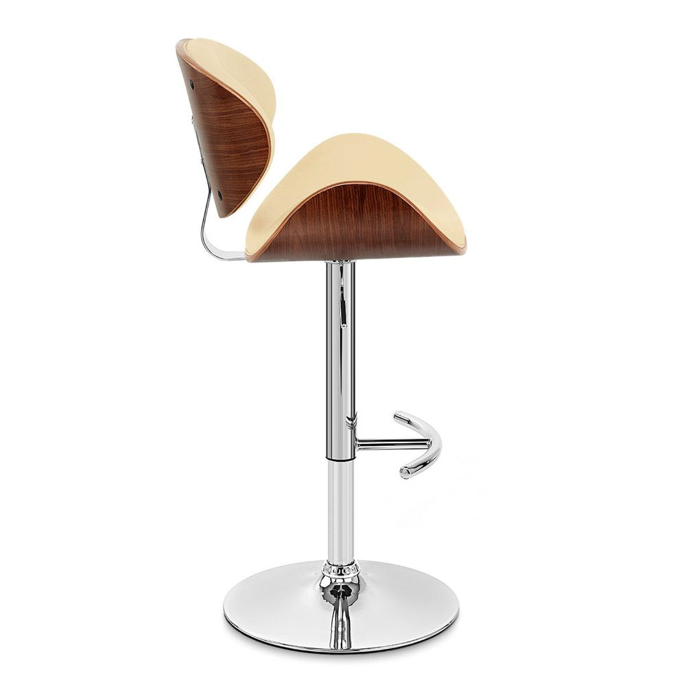 Cream and Silver Faux Leather and Solid Wood Low Back Adjustable Height Swivel Bar Chair