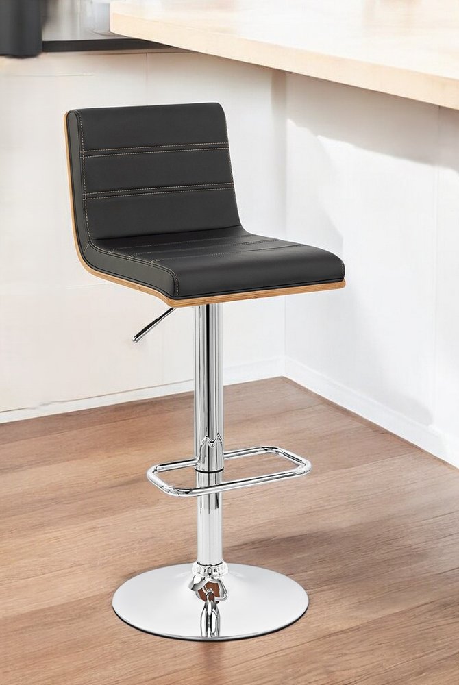 Black and Silver Fabric and Iron Low Back Adjustable Height Swivel Bar Chair