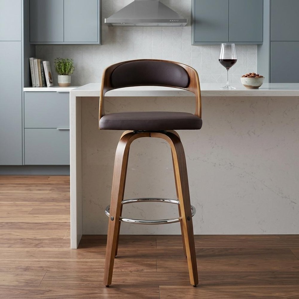 26" Brown Faux Leather And Solid Wood Swivel Low Back Counter Height Bar Chair