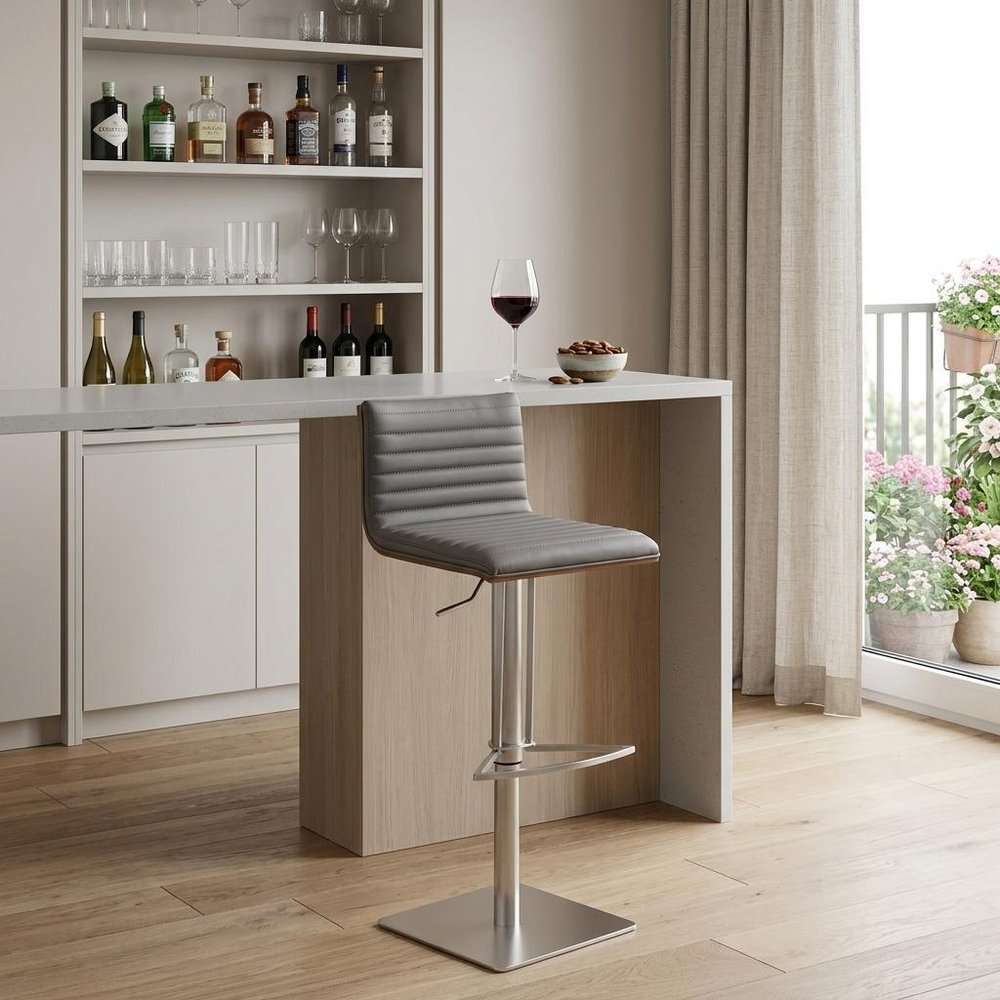 Gray And Silver Fabric And Faux Leather And Iron Low Back Adjustable Height Swivel Bar Chair