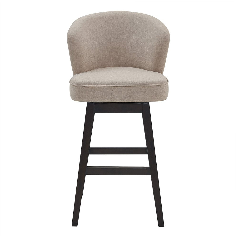 27" Tan and Espresso Fabric and Solid Wood Low Back Counter Height Swivel Bar Chair