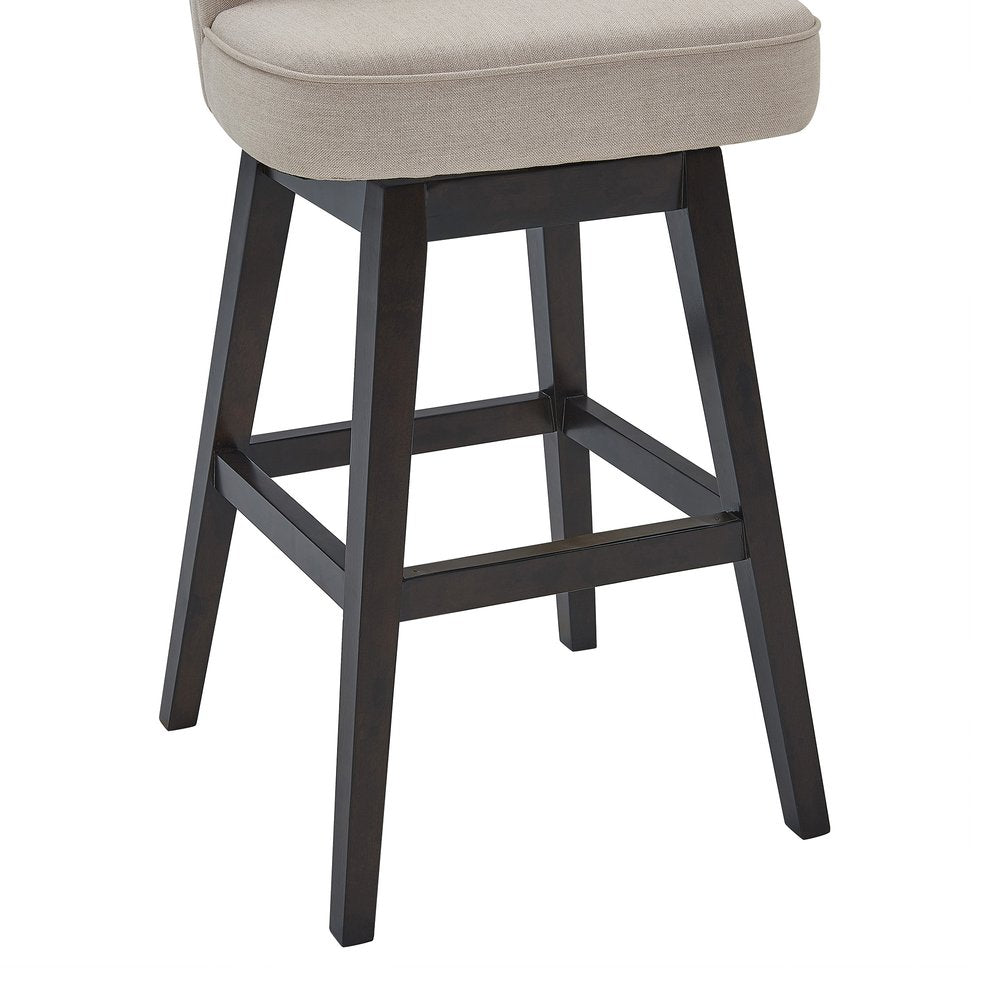 27" Tan and Espresso Fabric and Solid Wood Low Back Counter Height Swivel Bar Chair
