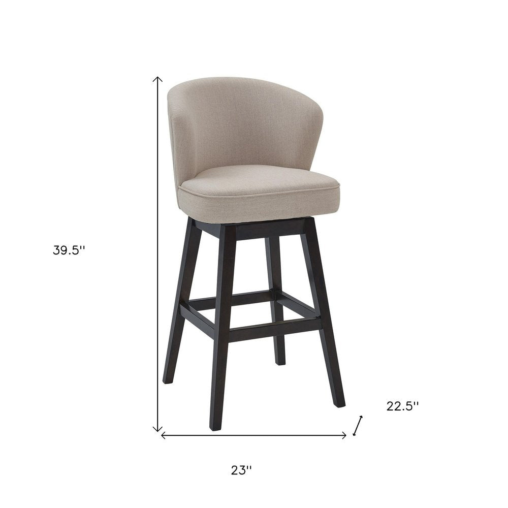 27" Tan and Espresso Fabric and Solid Wood Low Back Counter Height Swivel Bar Chair