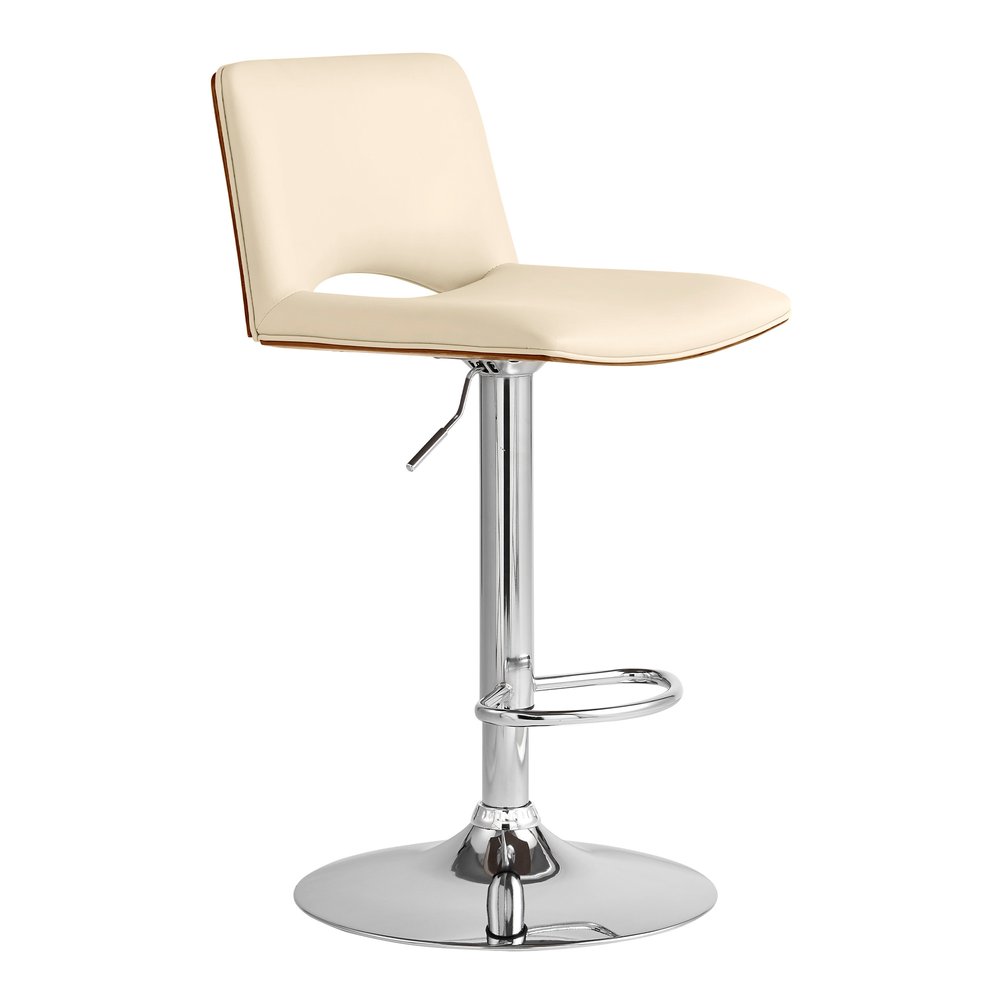 Cream And Silver Faux Leather And Fabric And Wood Low Back Adjustable Height Swivel Bar Chair