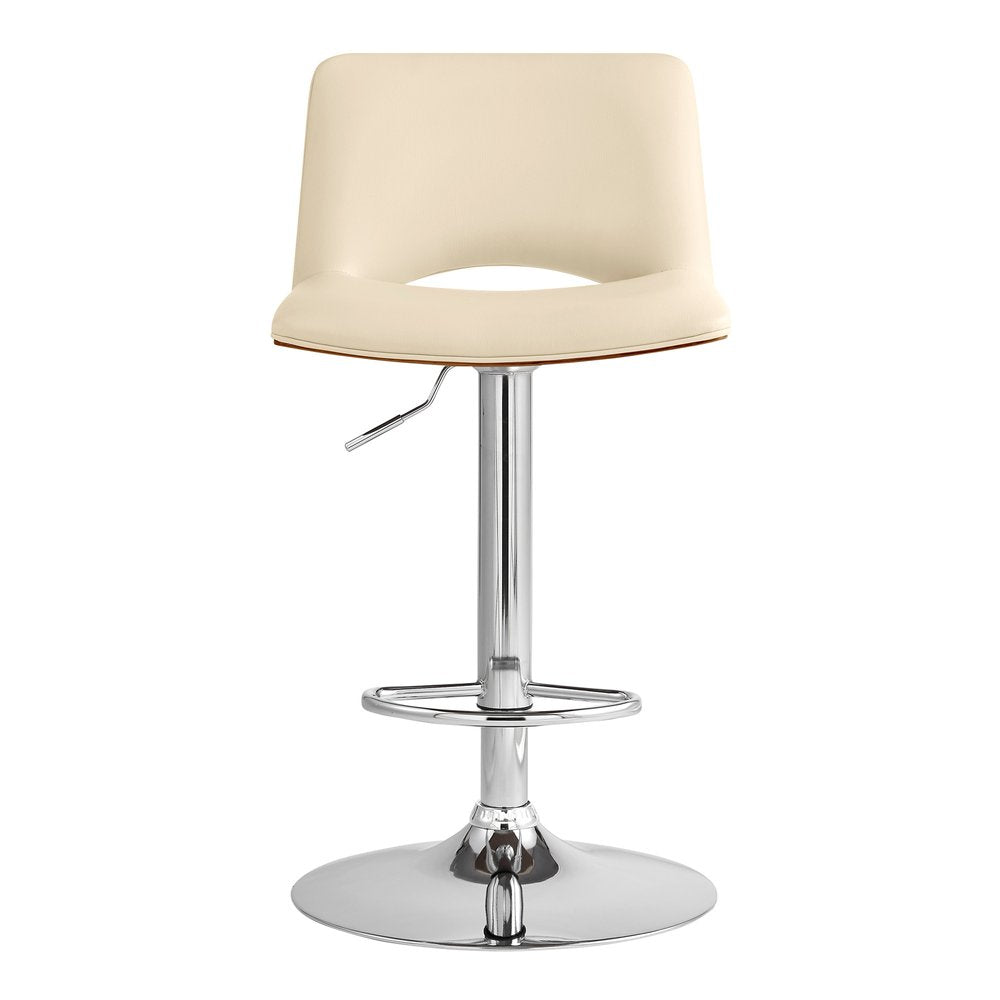 Cream And Silver Faux Leather And Fabric And Wood Low Back Adjustable Height Swivel Bar Chair