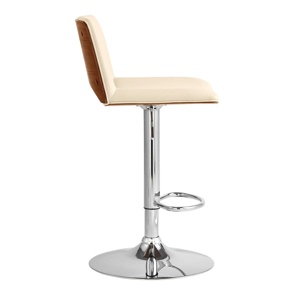 Cream And Silver Faux Leather And Fabric And Wood Low Back Adjustable Height Swivel Bar Chair