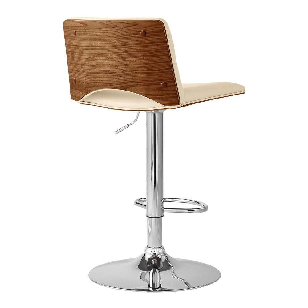 Cream And Silver Faux Leather And Fabric And Wood Low Back Adjustable Height Swivel Bar Chair