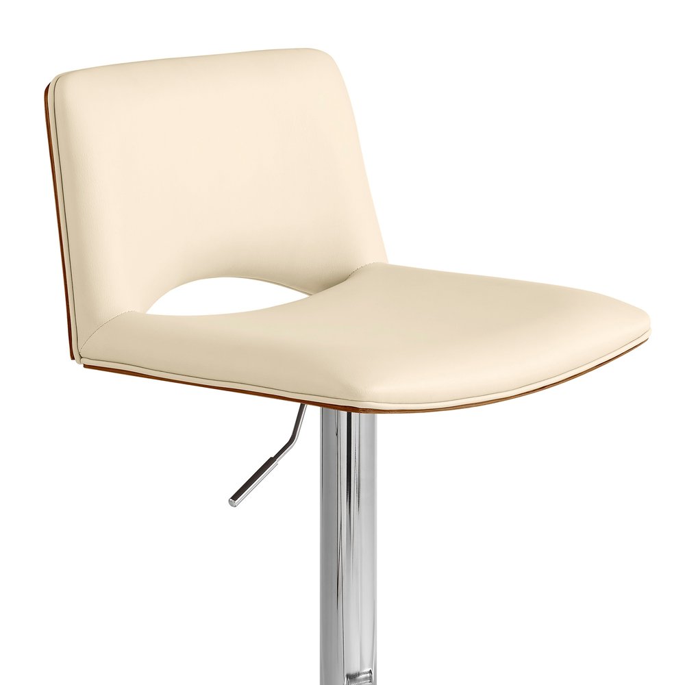 Cream And Silver Faux Leather And Fabric And Wood Low Back Adjustable Height Swivel Bar Chair