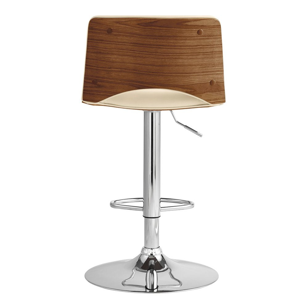 Cream And Silver Faux Leather And Fabric And Wood Low Back Adjustable Height Swivel Bar Chair