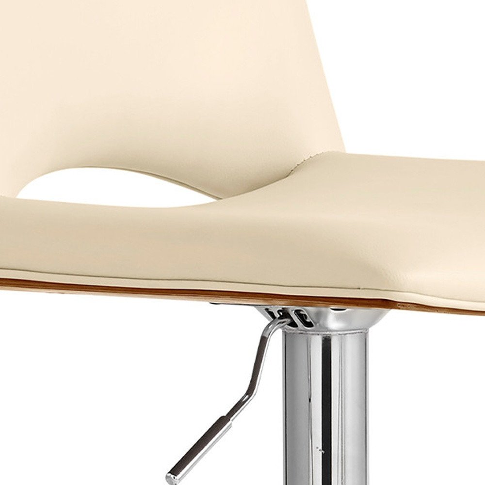 Cream And Silver Faux Leather And Fabric And Wood Low Back Adjustable Height Swivel Bar Chair