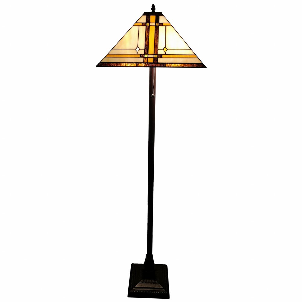 62" Brown And White Two Light Floor Lamp With Brown And White Glass Cone Shade