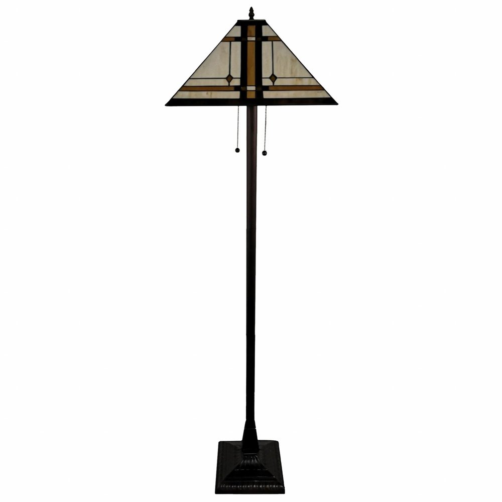 62" Brown And White Two Light Floor Lamp With Brown And White Glass Cone Shade