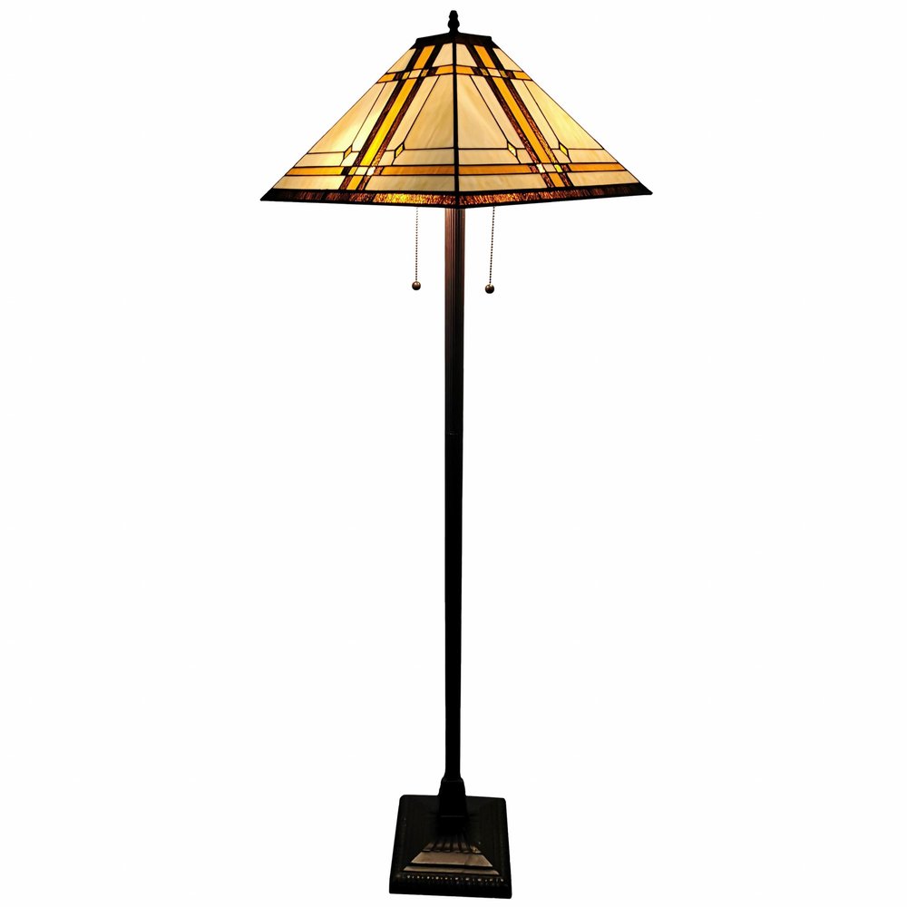 62" Brown And White Two Light Floor Lamp With Brown And White Glass Cone Shade