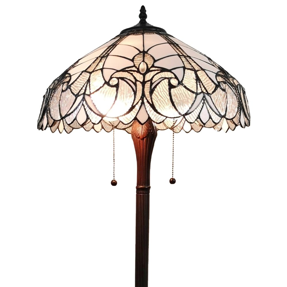 62" Dark Brown Two Light Torchiere Floor Lamp With White Fleur de Lis Glass Dome Shade