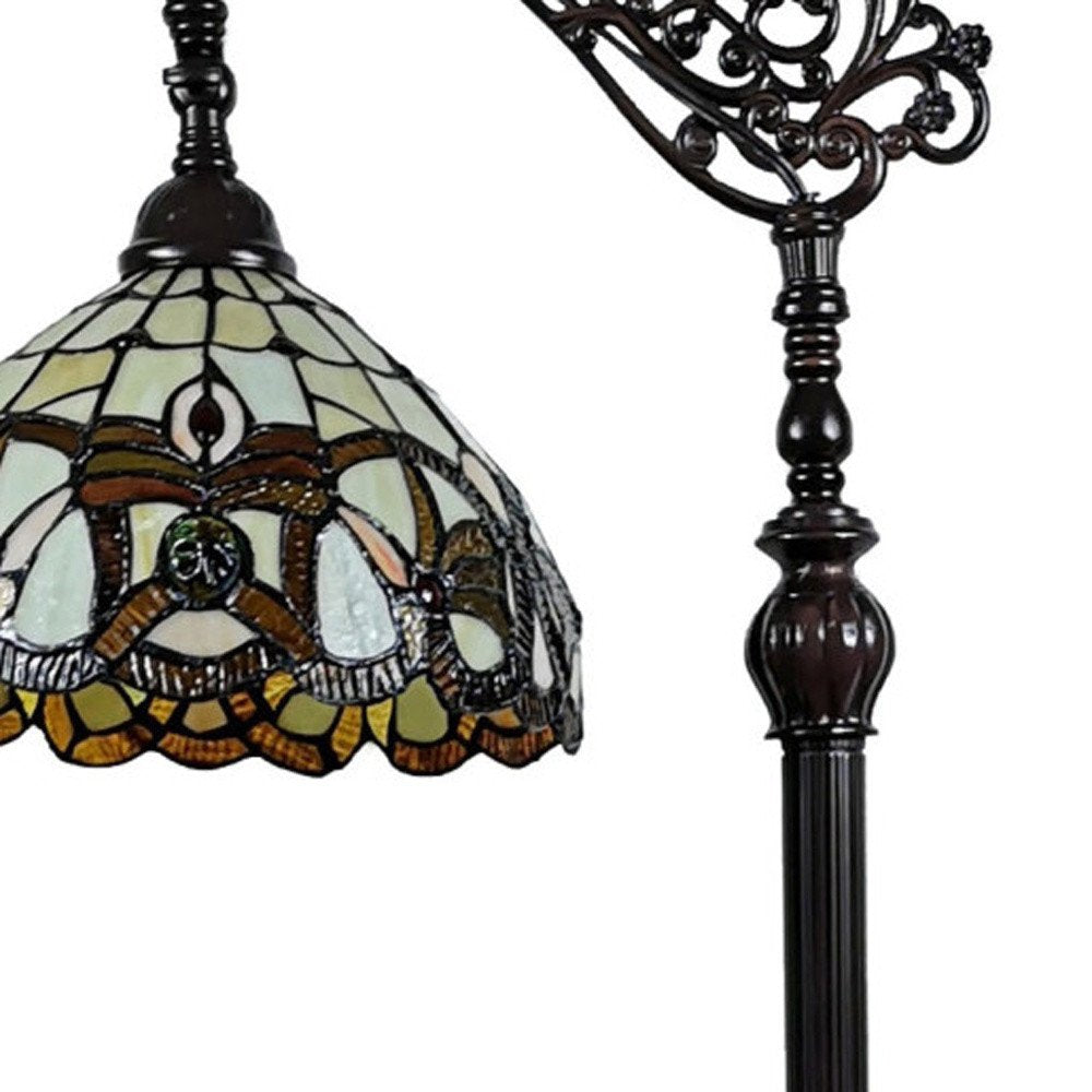 62" Brown Metal Arched Floor Lamp With Amber and Red Flowers Stained Glass Shade