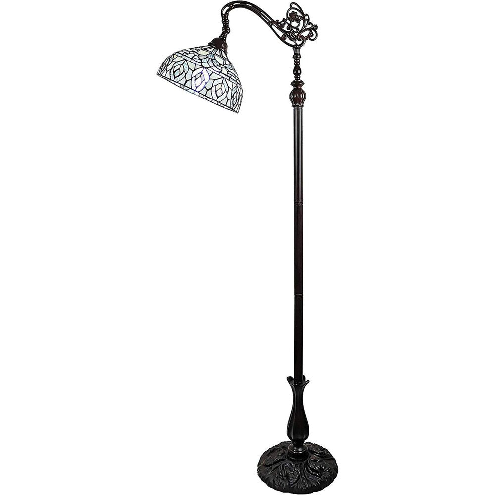 62" Brown And White Torchiere Floor Lamp With White Peacock Feather Glass Dome Shade