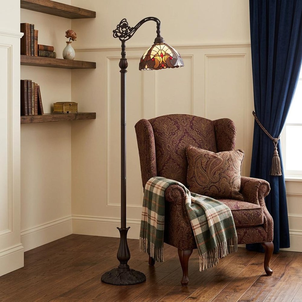 62" Beige Torchiere Floor Lamp With Brown And White Flowers Glass Dome Shade