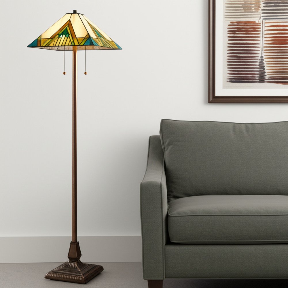62" Two Light Tiffany Style Floor Lamp With Amber Blue And Green Stained Glass Shade