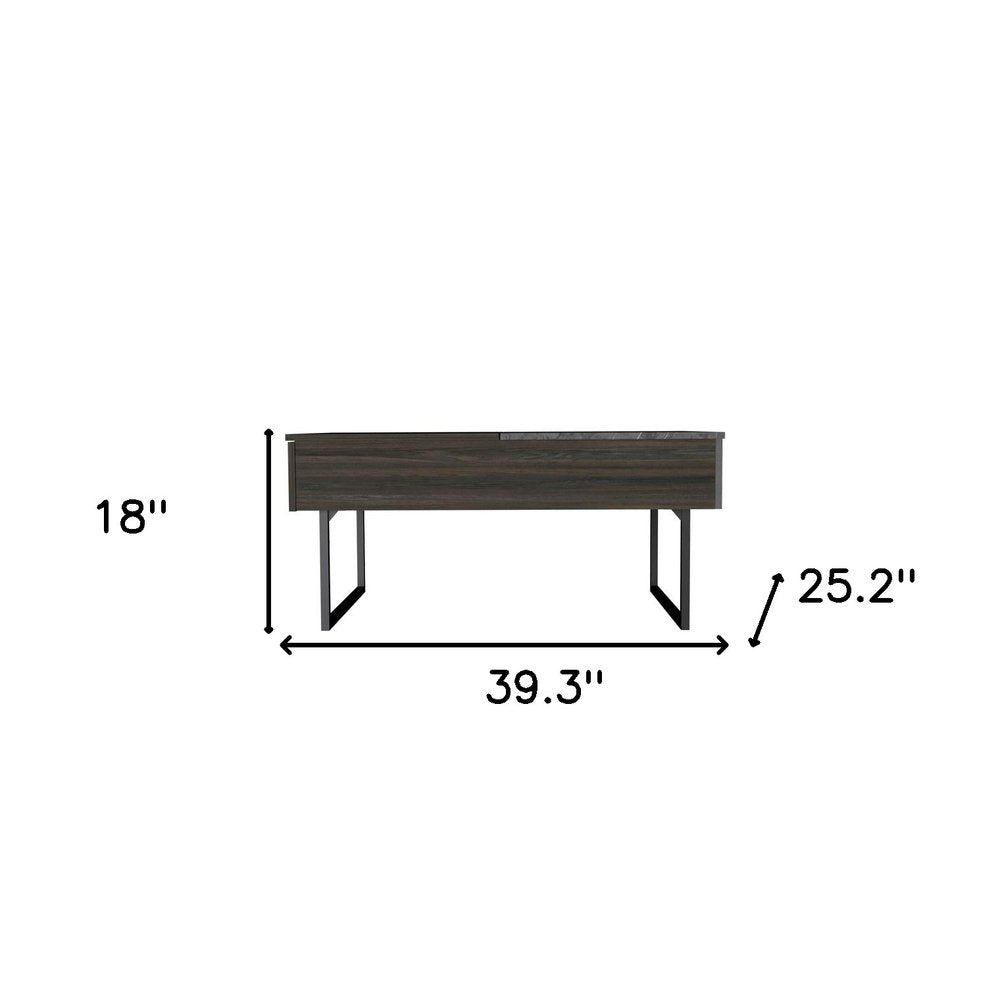 39" Espresso And Black Metal Lift Top Coffee Table With Drawer