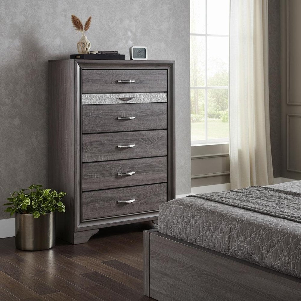34" Gray Wood Six Drawer Dresser
